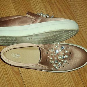 Pink silky slip on shoes with pearls